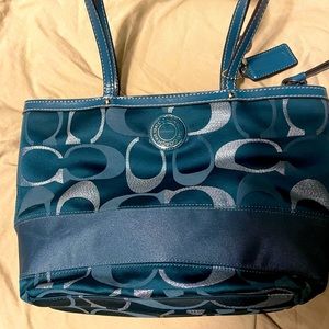 Coach Signature Strip Teal 3 color Metallic Tote